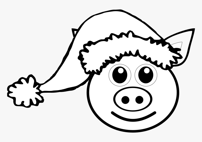 Pig 1 Face Pink With Santa Hat Black White Line Art - Christmas Pig Color Page, HD Png Download, Free Download