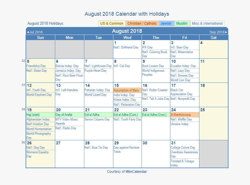 August 2018 Printable Calendar With Us Holidays - Holiday October 2019 Calendar, HD Png Download, Free Download