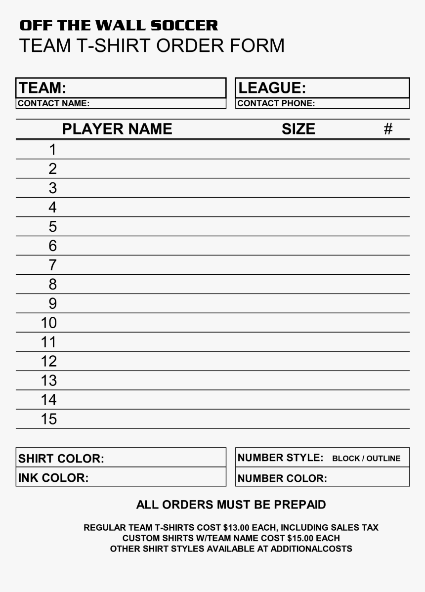 Free Soccer Team T Shirt Order Form Template Templates - T Shirt Orders Form, HD Png Download, Free Download