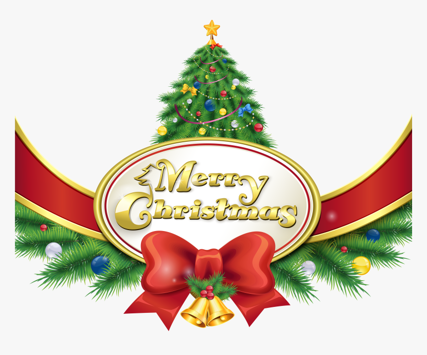 Merry Christmas With Tree And Bow Png Clipart Imageu200b - Christmas Tree Merry Christmas Clip Art, Transparent Png, Free Download